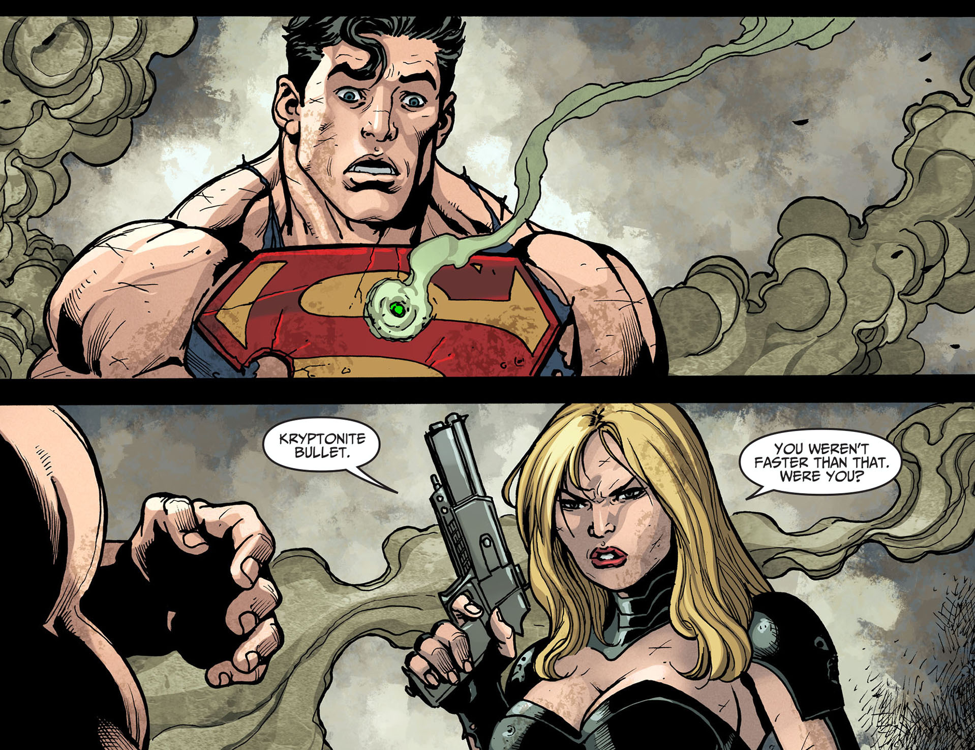   Black Canary surprises Superman by shooting him with a kryptonit...