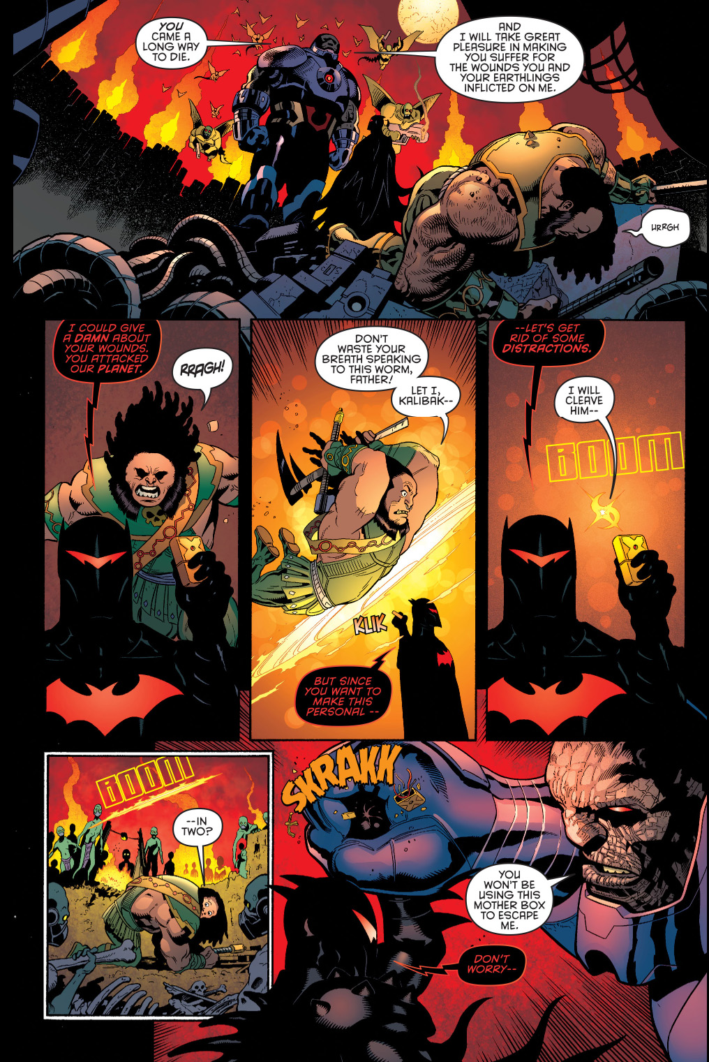 batman in hellbat armor faces off with darkseid