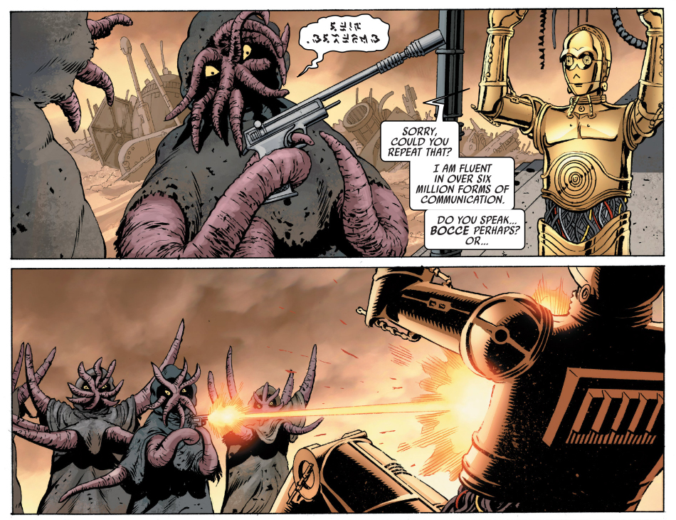 C-3PO defends the milennium falcon