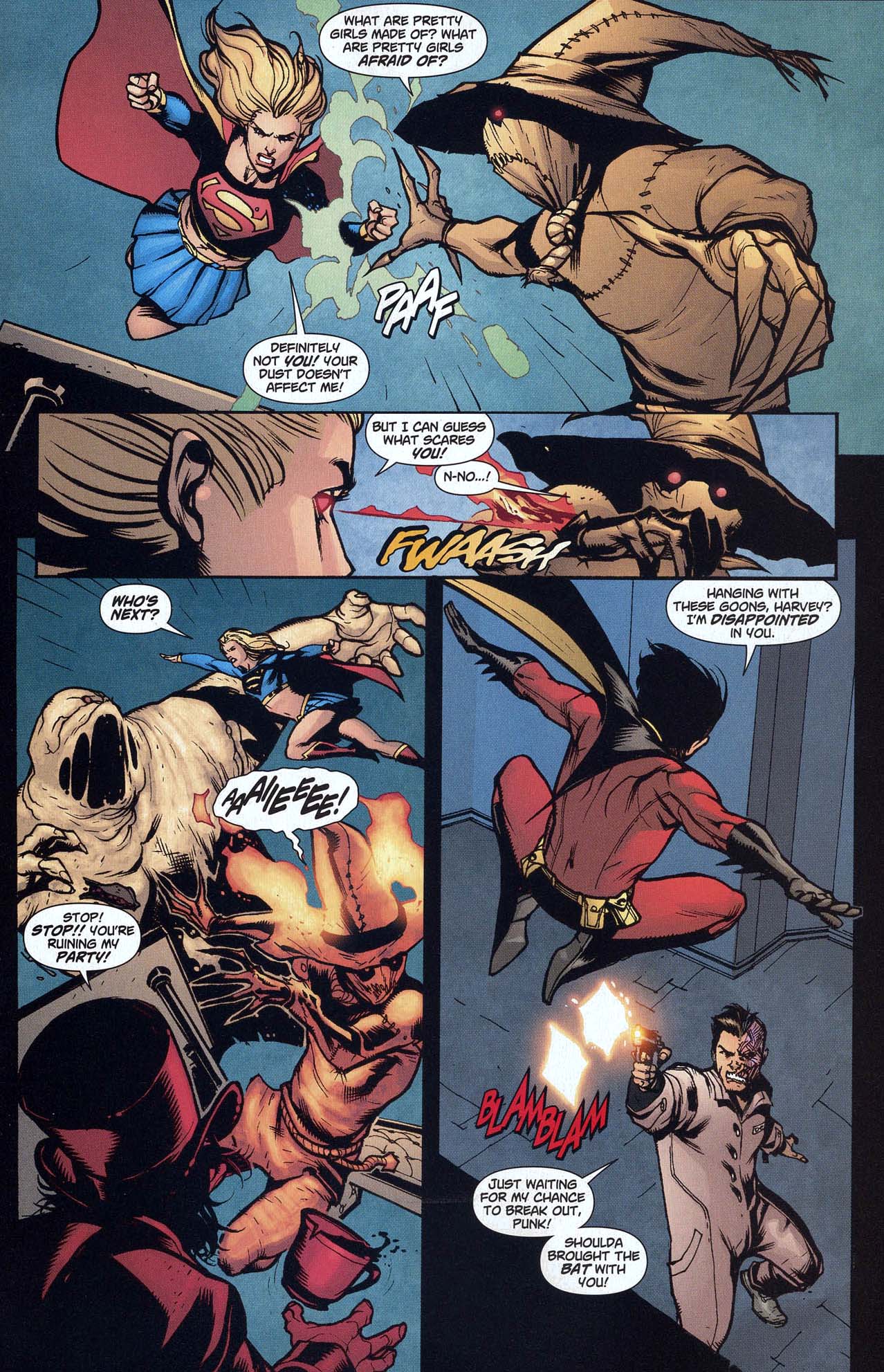 robin and supergirl vs two-face, clayface, scarecrow and the madhatter