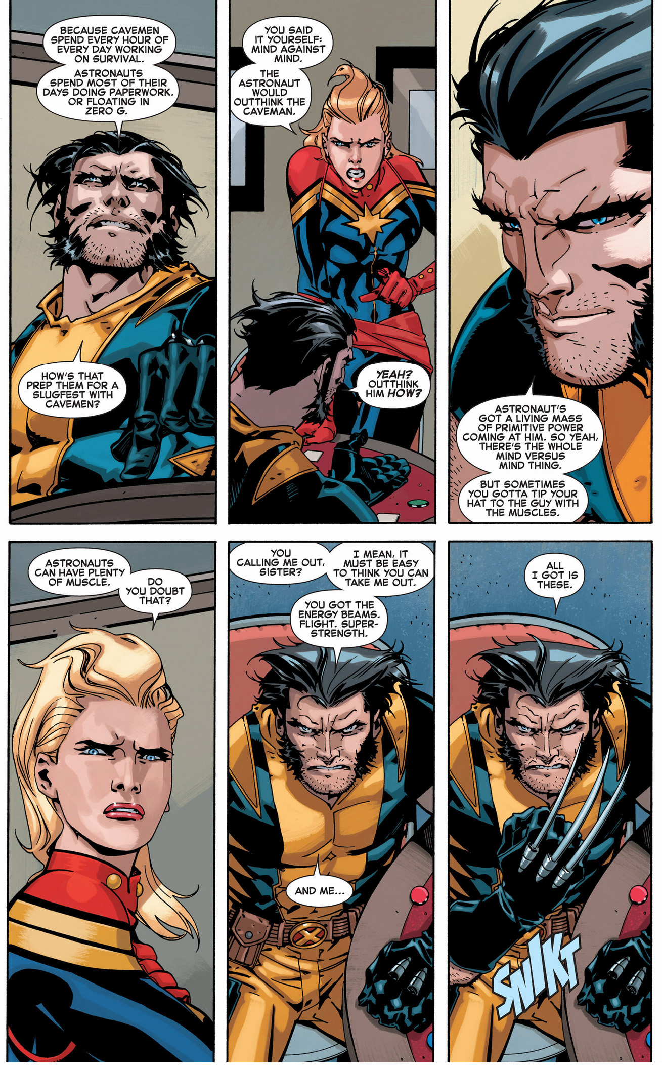 wolverine and captain marvel having a debate