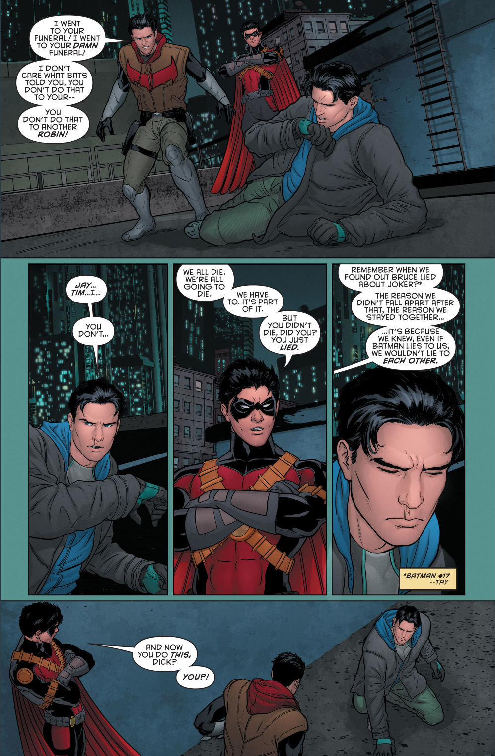 red hood and red robin's reaction to grayson's fake death