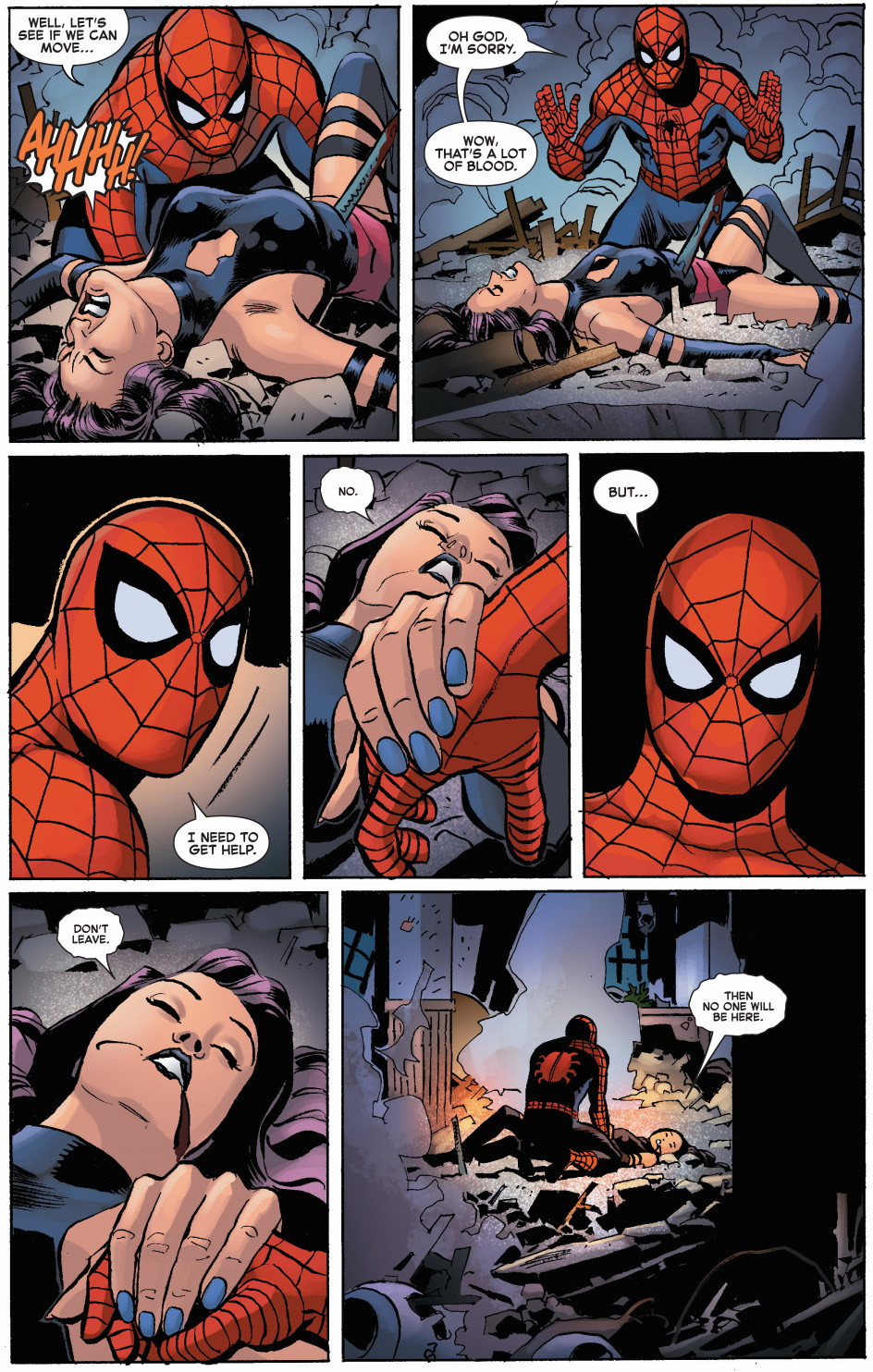 spider-man comforts a dying psylocke