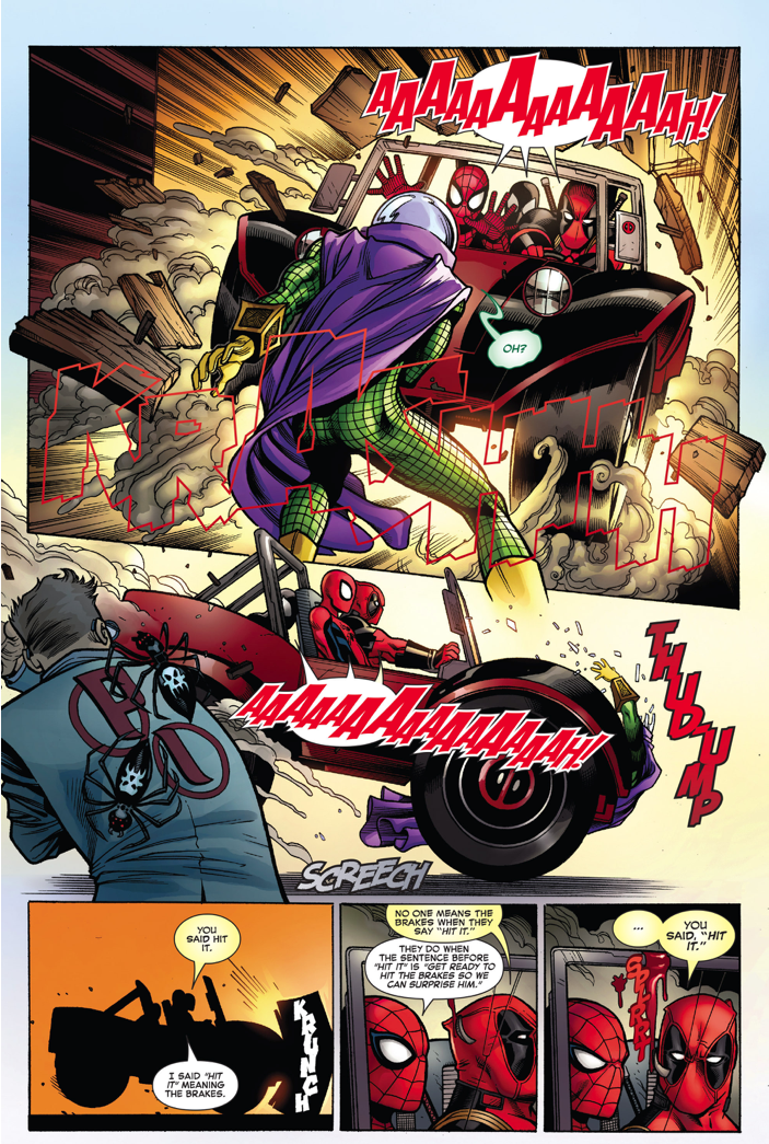 deadpool takes out mysterio with the deadbuggy 
